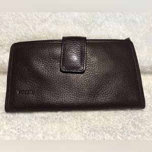 FOSSIL Logan Tab Wallet RFID Womens Dark Brown Genuine Leather 6.5” Vintage Nice